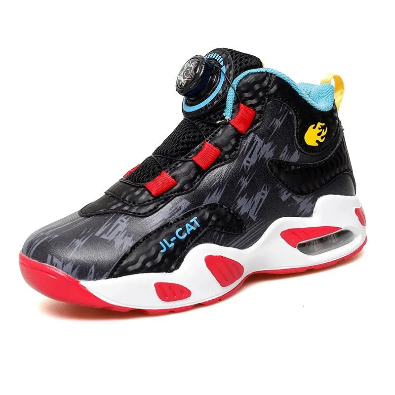 Children's black basketball shoes with rotating button fastening and cushion design