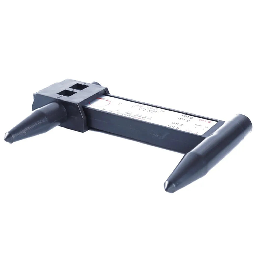 Plastic digital hole distance measuring tool with electronic caliper display, shown with dimensions.