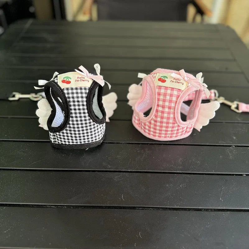 Pink and black cotton dog lead with chest and back design and a hand-holding rope for small dogs.