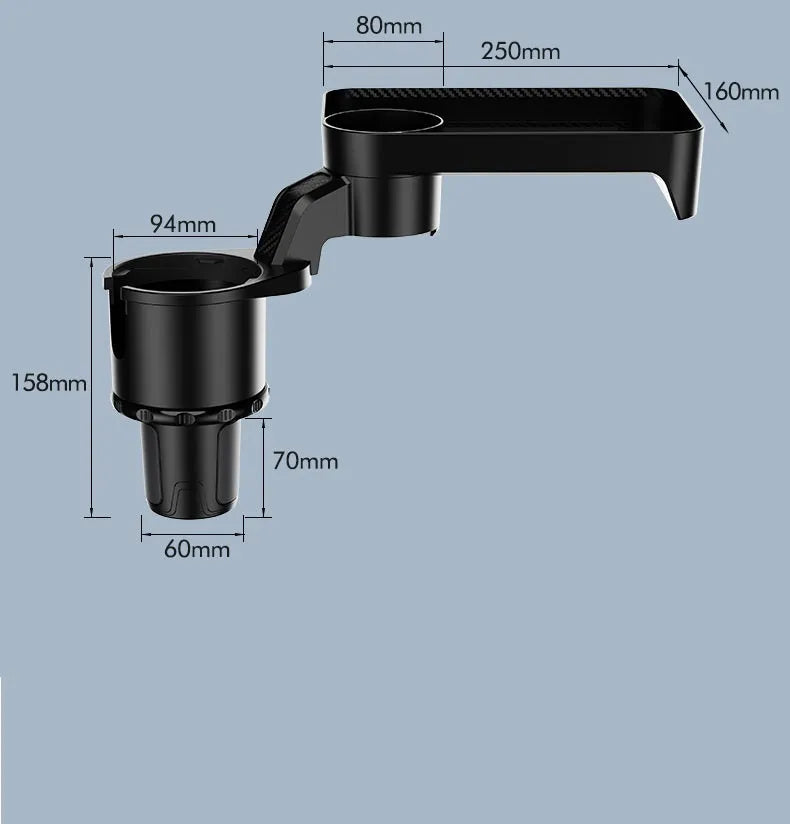 Black rotating car dinner tray holder mounted in a vehicle cup holder.