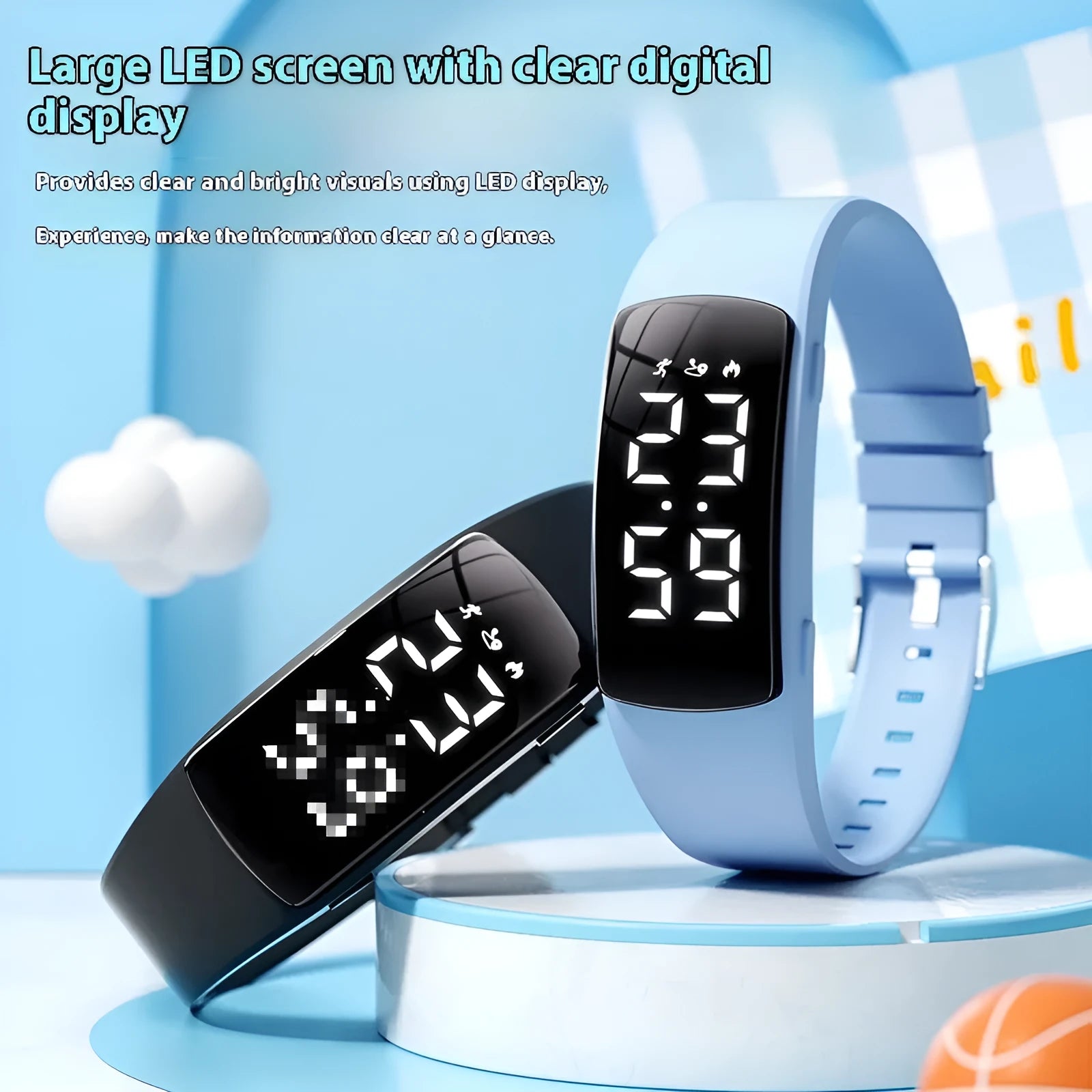 Vibration alarm smart watch with coloured silicone strap on a wrist, showing LED display.