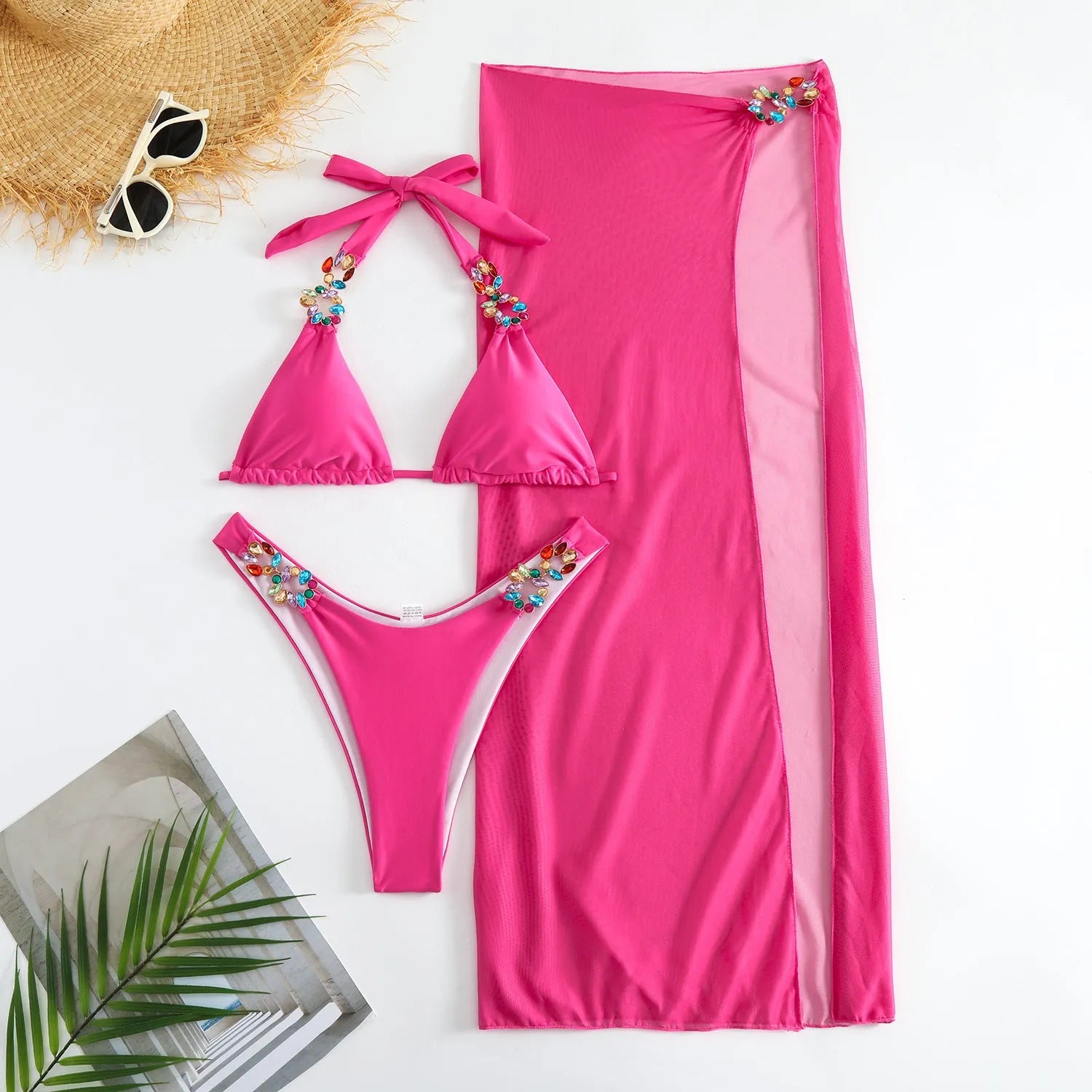 Rose Red women's three-piece swimsuit set with bikini top, pants, and long mesh skirt on a mannequin.