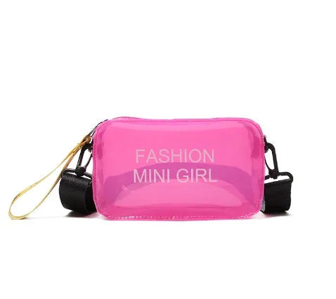 Transparent square jelly shoulder bag in multiple colours with an adjustable long strap.