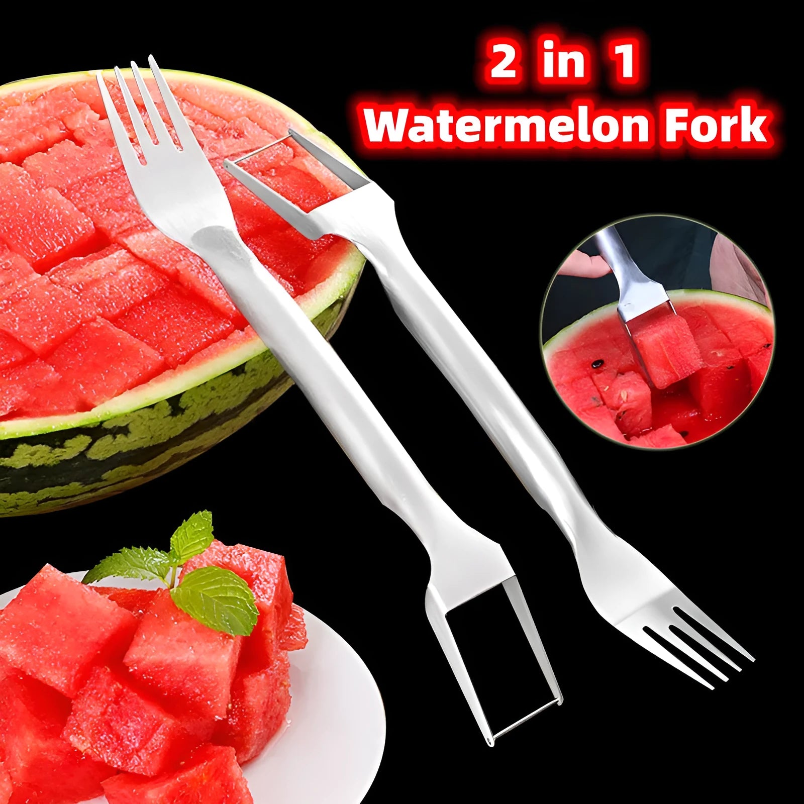 Stainless steel watermelon slicer with fork head showing 26cm length