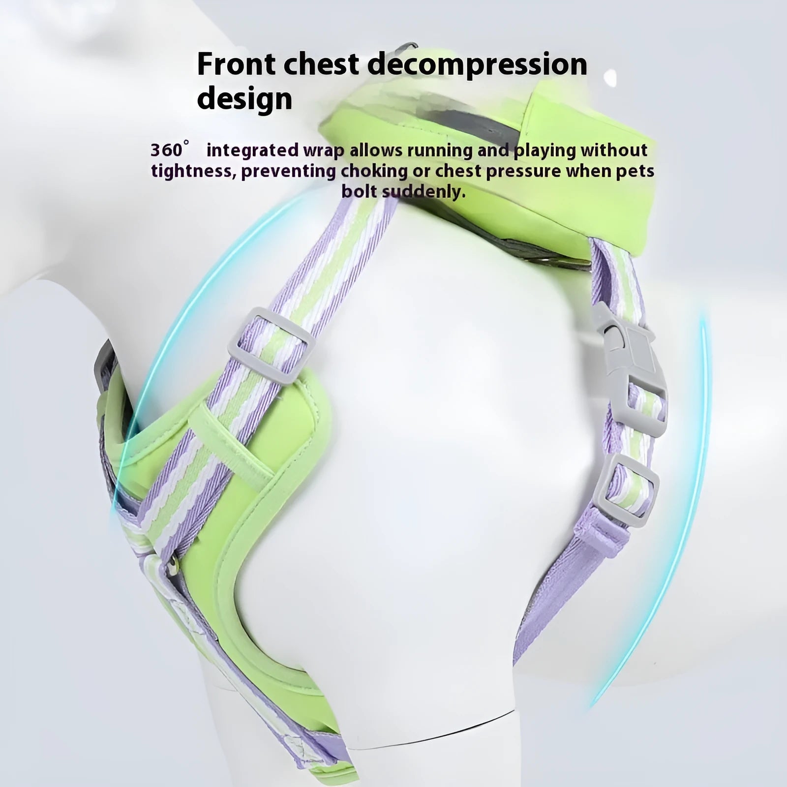 Explosion-proof anti-strangulation pet chest harness and rope in green, blue, pink, or yellow.