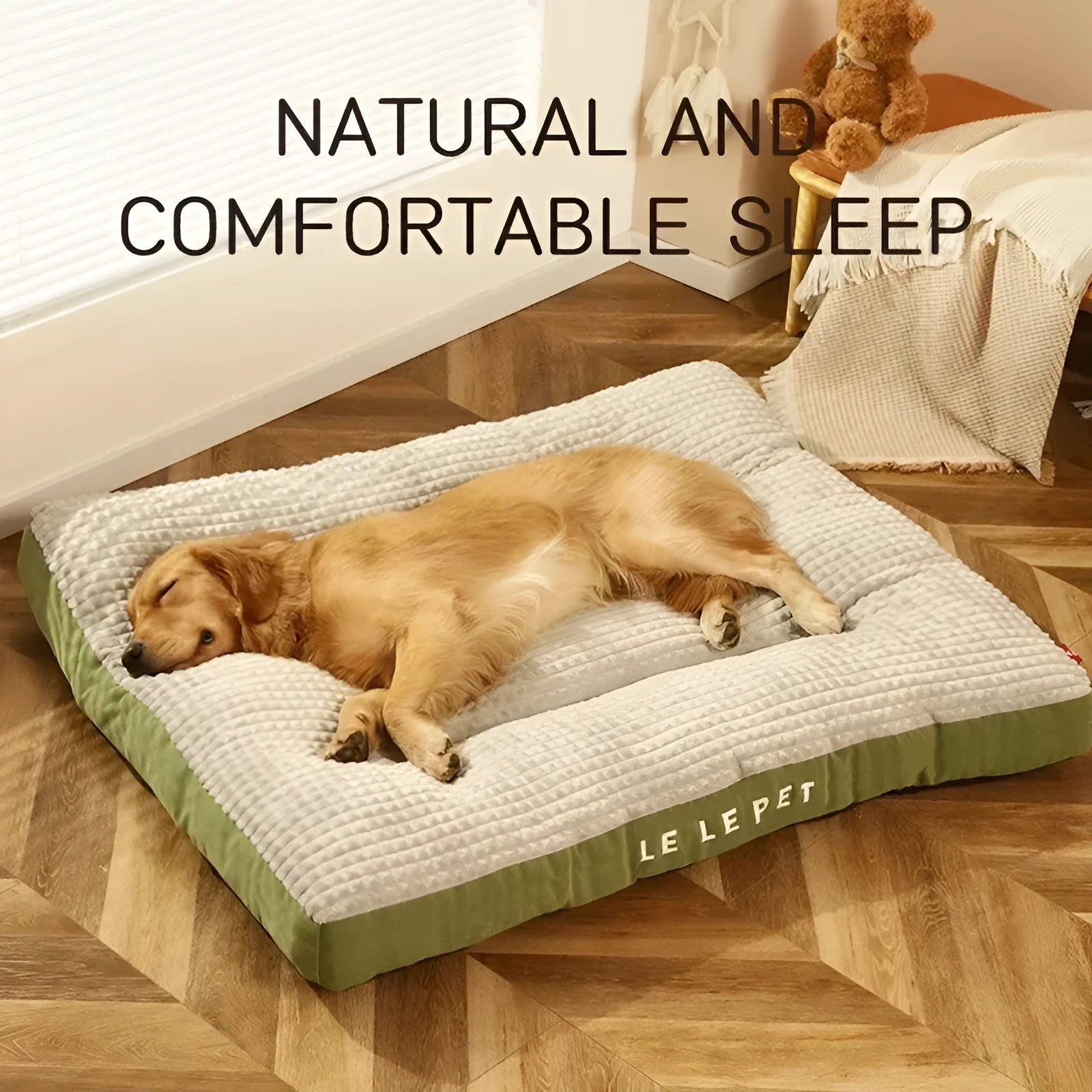 Coffee coloured dog bed with a detachable soft fleece blanket, shown with a cushion base for a large breed dog.