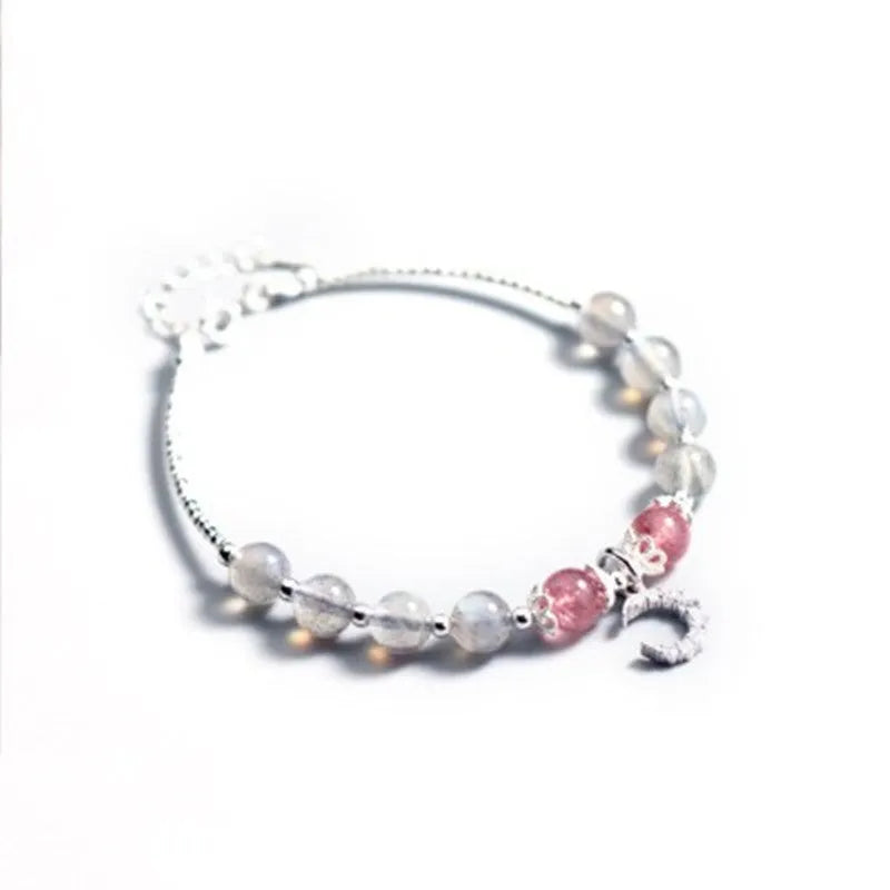 Natural moonstone handmade bracelet with adjustable chain and moon charms