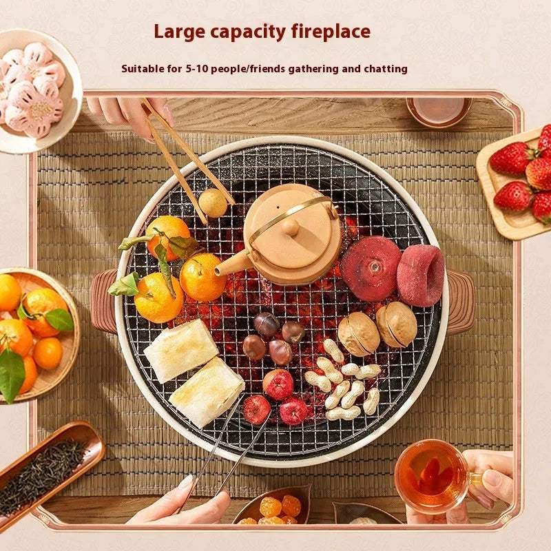 Portable indoor charcoal stove with grill rack disk for baking and tea cooking.