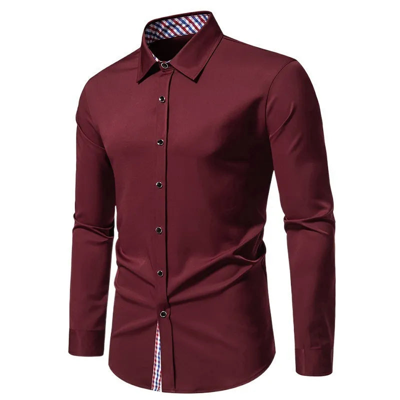Men's loose plaid casual long-sleeved shirt in chemical fibre blend available in black, white, and wine red colours