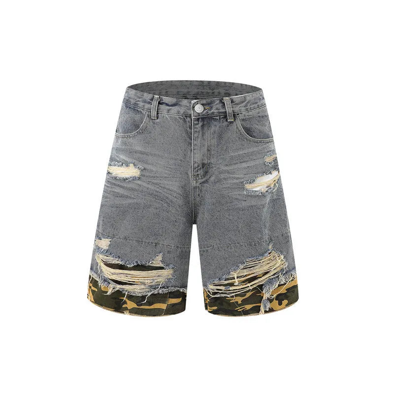 Women's leopard print denim short sleeve top and matching shorts with cut edge stitching.