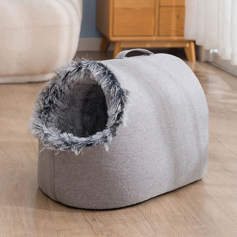 Grey fleece-lined enclosed cat sleeping bag measuring 50cm long with brown colour option available