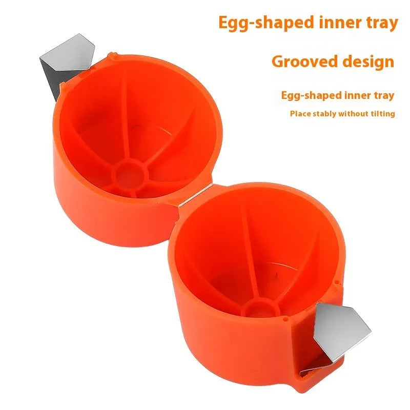 Egg shell opener and beater kitchen tool with stainless steel blades and coloured plastic handle