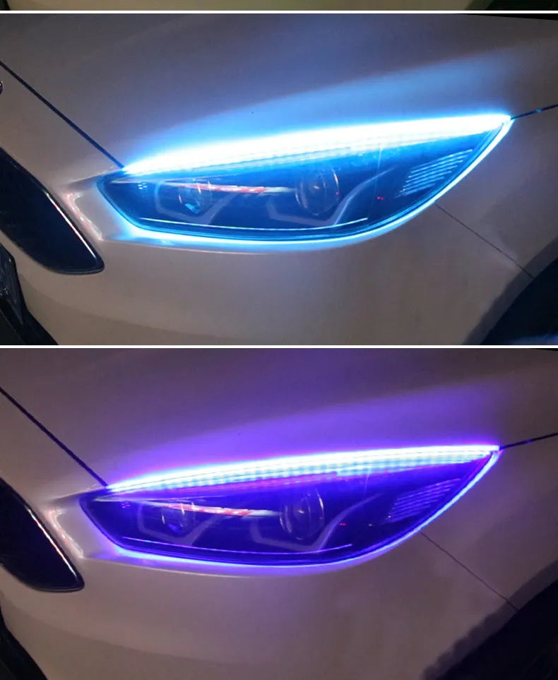 Universal LED daytime running light with remote control in RGB colours, shown in 30cm, 45cm, and 60cm sizes.