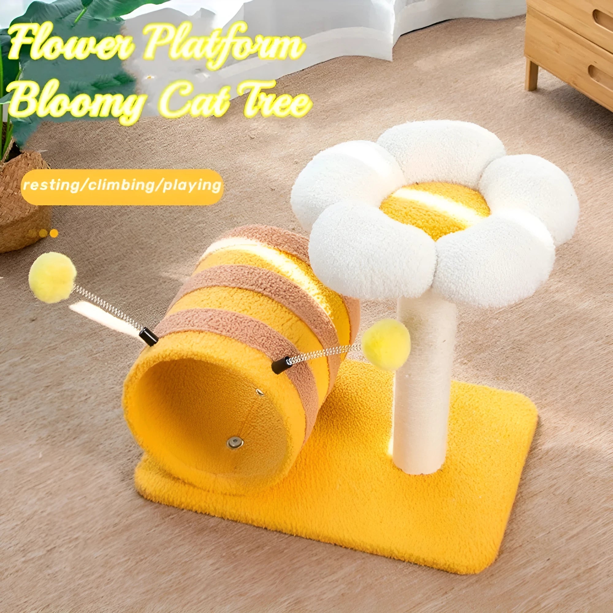 Yellow cat scratching post climbing frame with sisal board and fabric tunnel