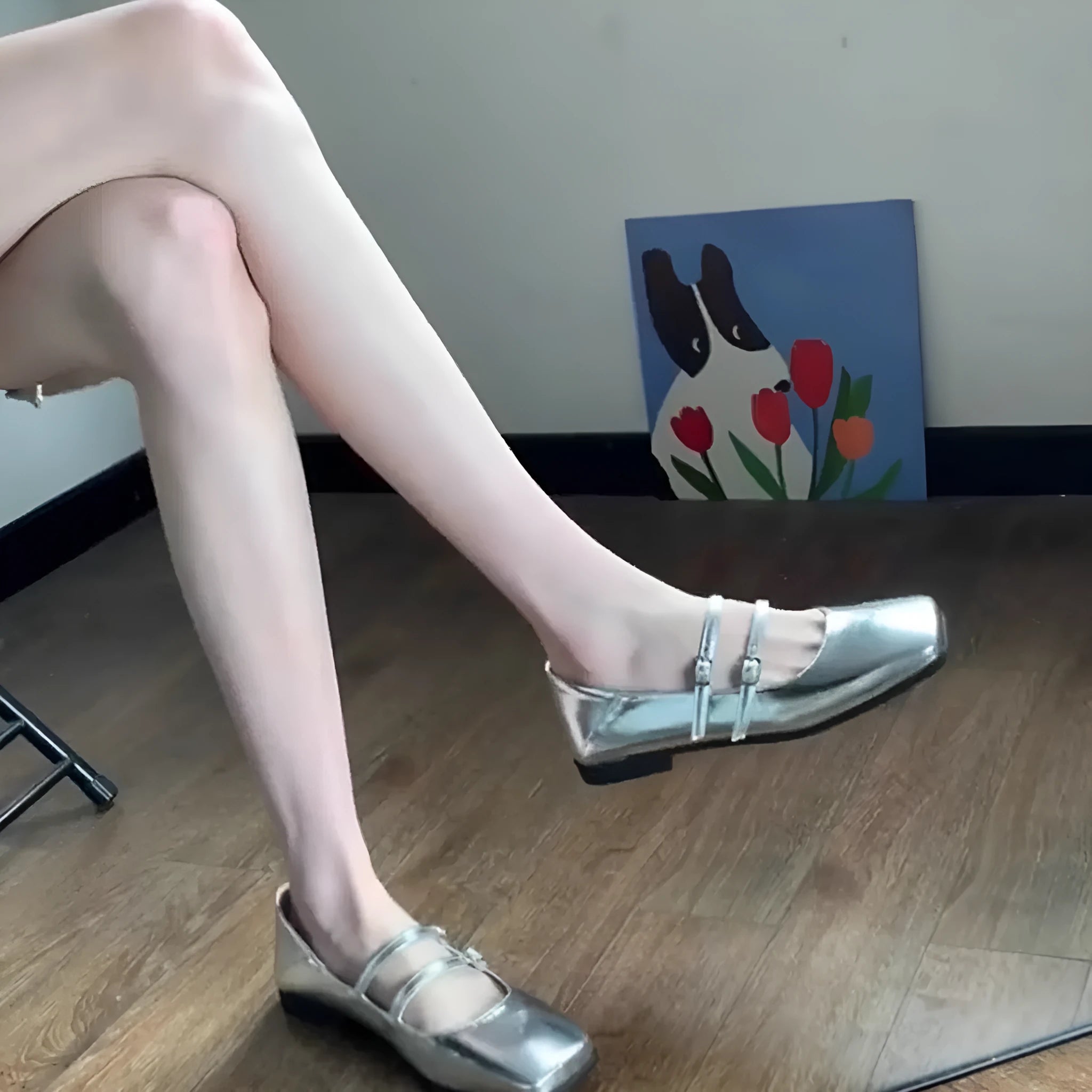 Women's silver genuine leather Mary Jane ballet flats with cross buckle strap and round toe