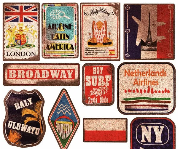 36 piece retro beach sticker pack with surfing and travel designs measuring 6-10cm with matte finish