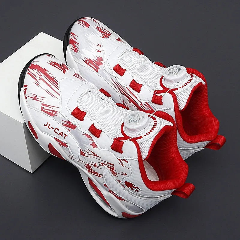 Children's black basketball shoes with rotating button fastening and cushion design