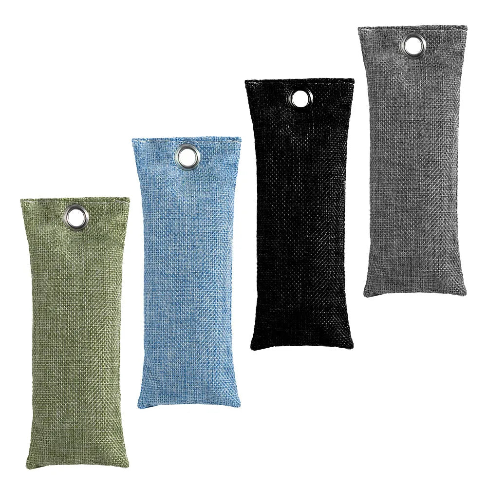 Black, green, grey, and blue bamboo charcoal deodoriser bags for shoes and household odour absorption.