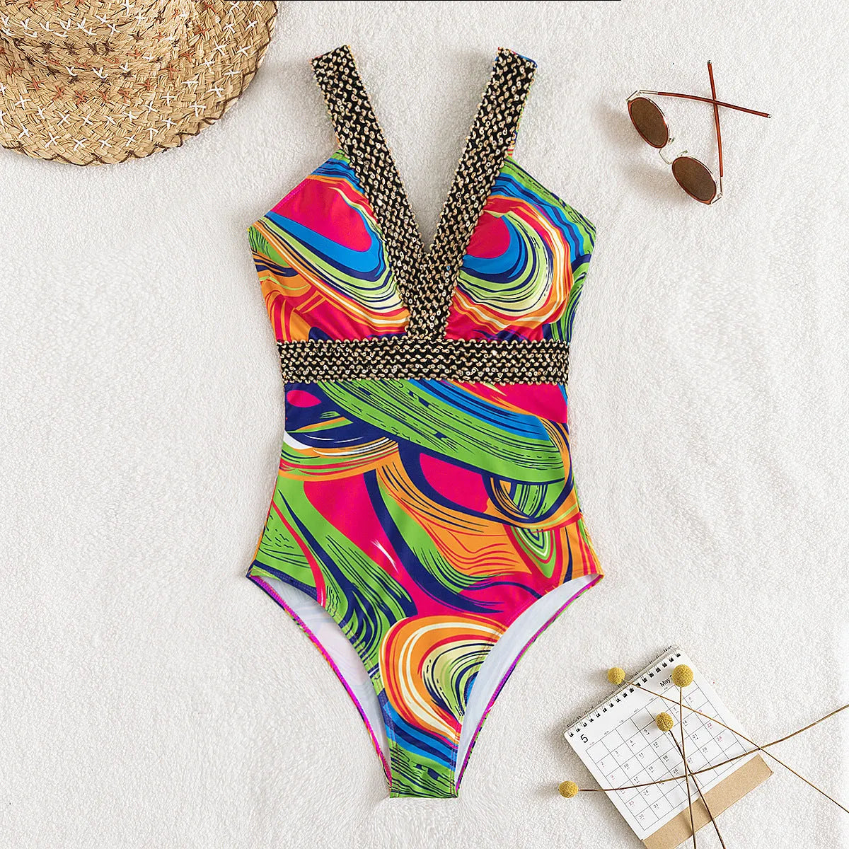 Women's printed deep V neck one-piece swimsuit with spaghetti straps in multiple colour options