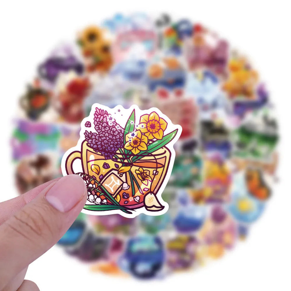 Pack of 50 colourful tea cup graffiti waterproof stickers in Nordic style for luggage and scooter DIY