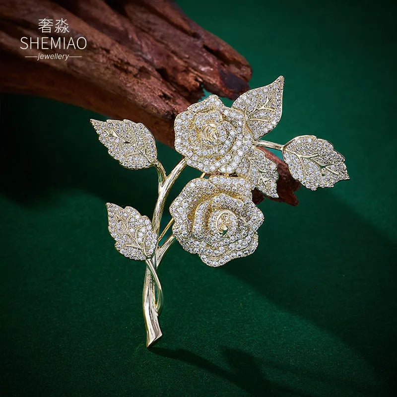 Micro inlaid zircon rose brooch silver-tone floral lapel pin with sparkling stones Style1 and Style2 options