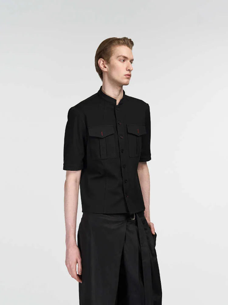Handmade black hunting shirt with red eye design, half sleeves and shirt collar