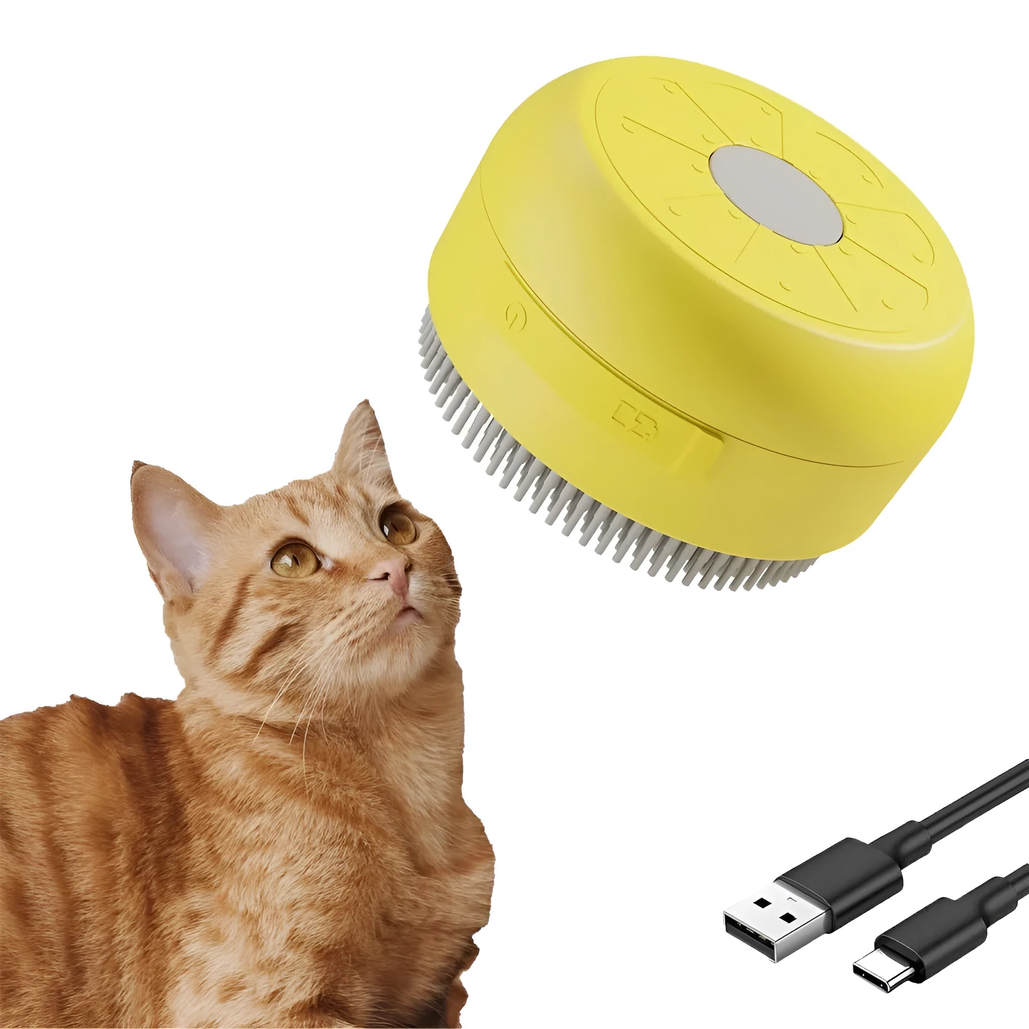 Green or yellow rechargeable pet steam brush with silicone bristles for grooming cats and dogs.