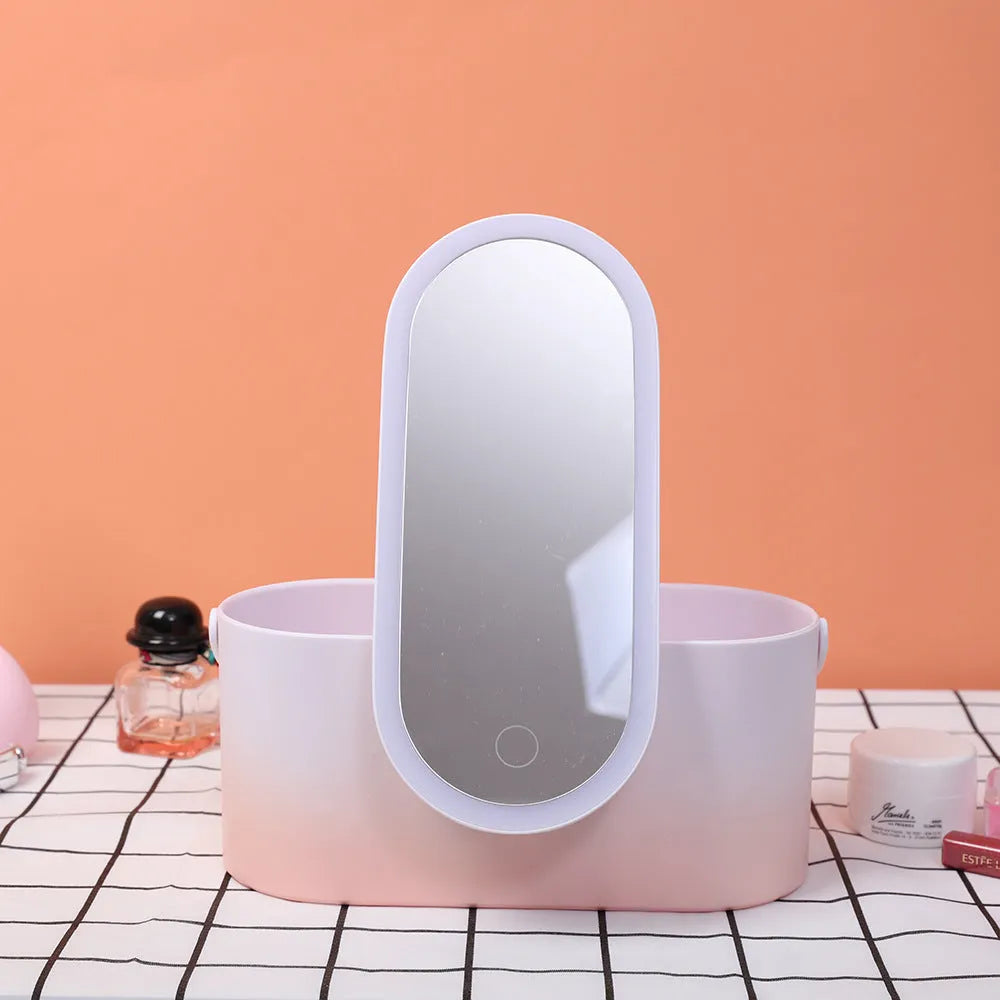 Pink gradient portable makeup storage box with built-in LED mirror and USB charging port