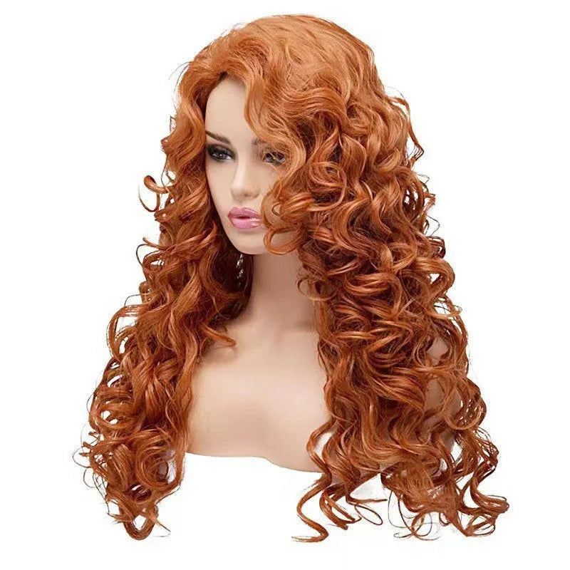 Brown long wavy curly wig on wig head cover for Halloween cosplay