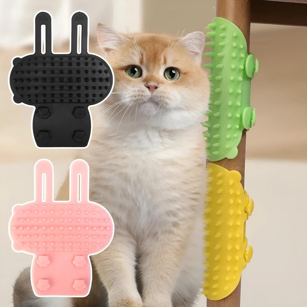 Silicone cat scratching comb with rounded teeth and adjustable strap in black, green, pink, or yellow colour.