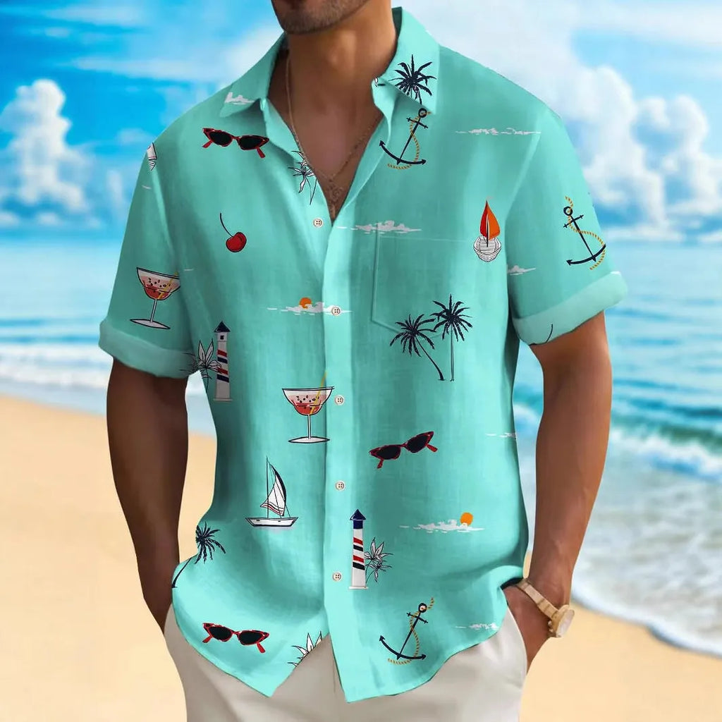 Man wearing a loose-fit short-sleeve Hawaiian shirt with a vibrant digital print pattern.