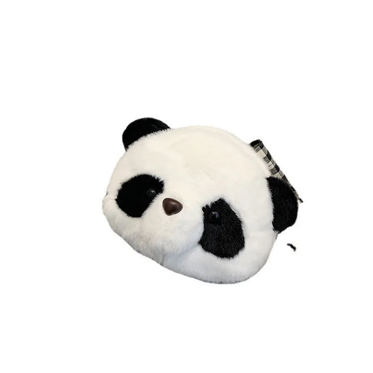 Soft plush crossbody bag with panda head design, shown in cylindrical shape.