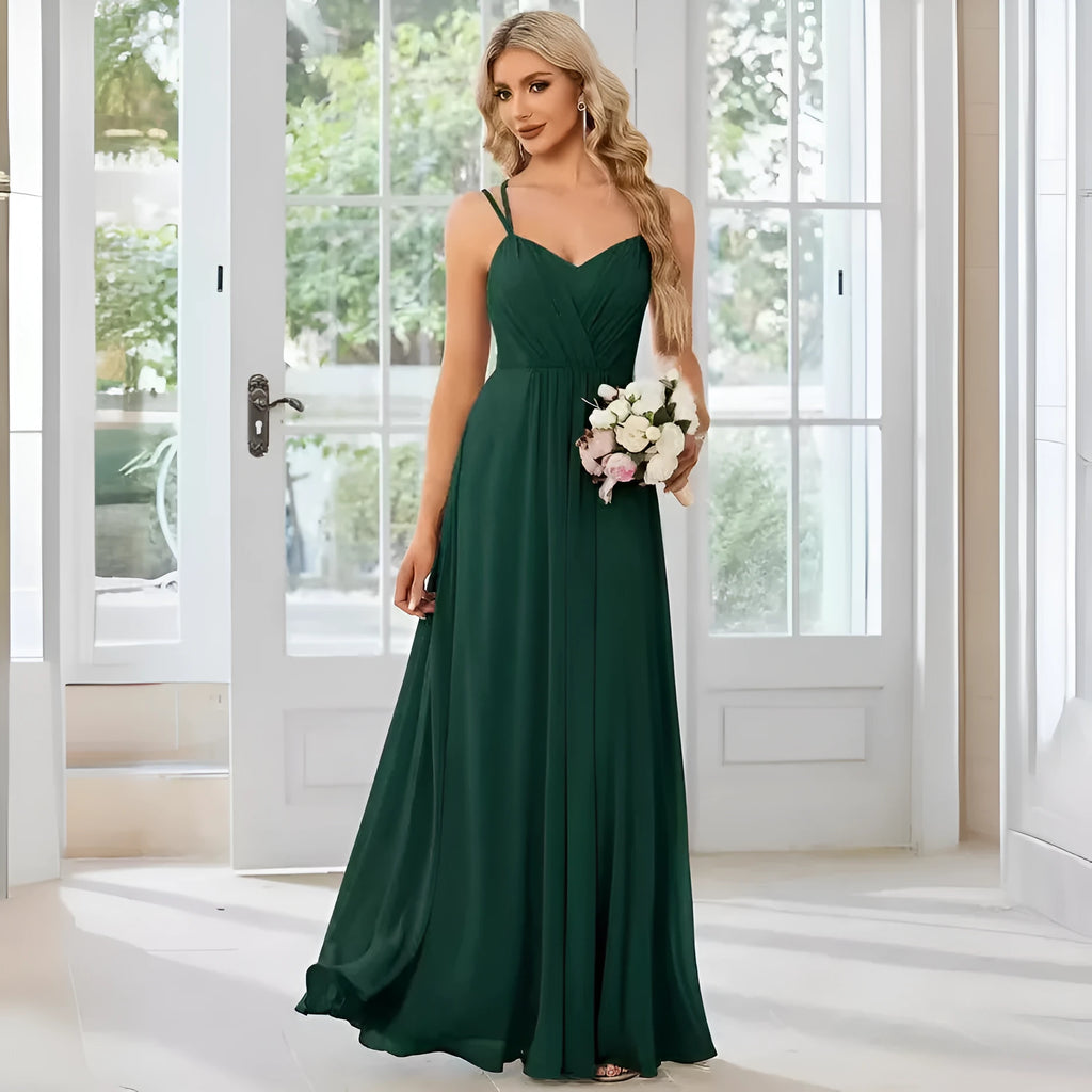 Women's sleeveless long dress with pleated detail and an A-line skirt in a light green colour.
