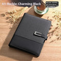 A5 business notebook with PU leather cover in brown colour showing wood-free paper pages