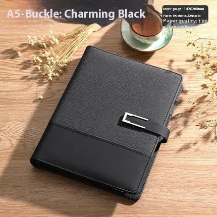 A5 business notebook with PU leather cover in brown colour showing wood-free paper pages