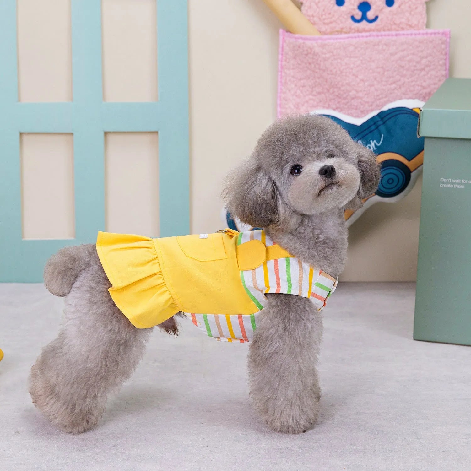 Striped patchwork cotton dog skirt in orange or yellow colour with elastic waistband