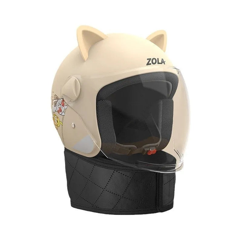Blue winter electric bicycle helmet with a detachable scarf and a clear anti-fog visor attached.