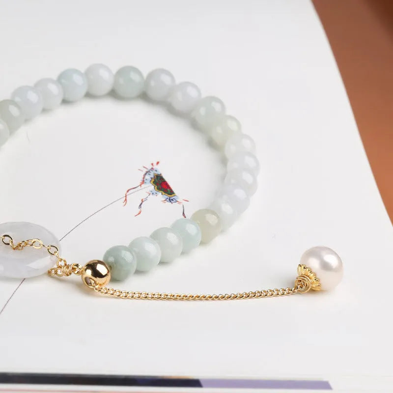 Natural emerald green jade peace buckle pearl bracelet with geometric pendant for women