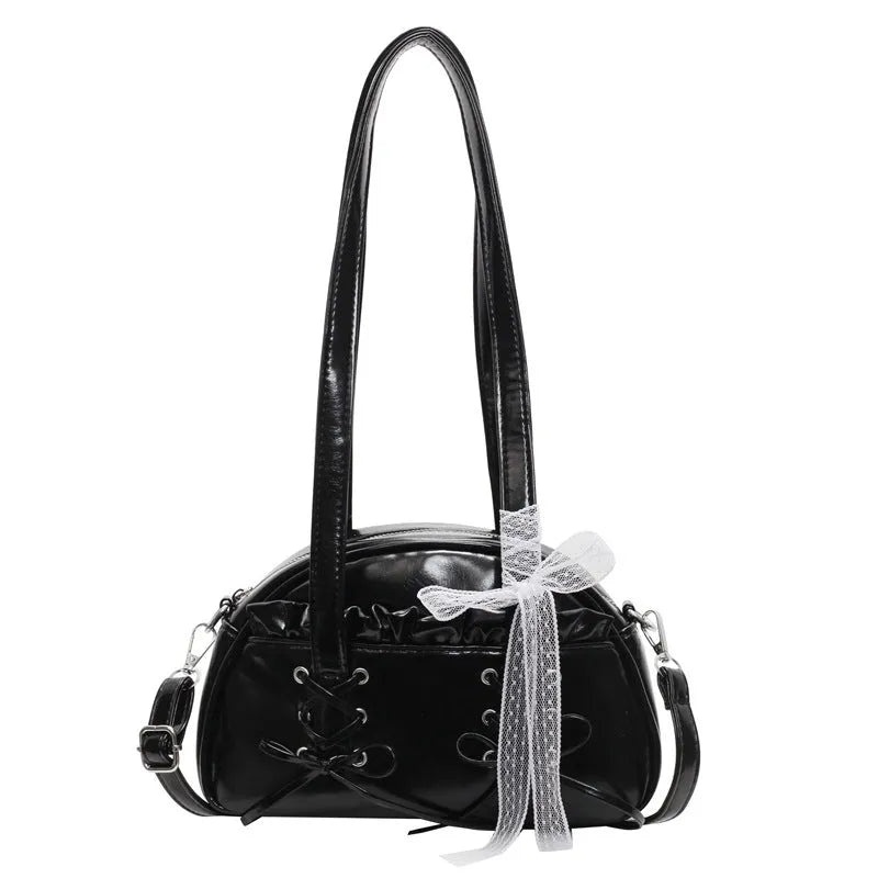 Women's bandage bow PU leather shoulder handbag with mobile phone pocket in milky white