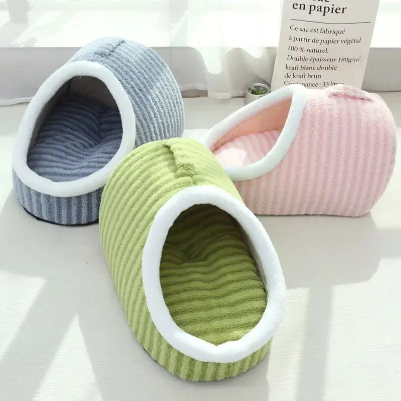 Thickened 3D striped dog cat bed with removable sponge mattress in blue, green, pink or yellow