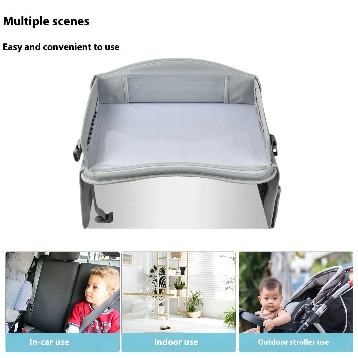 Gray portable car safety seat tray made from Oxford cloth measuring 43x36.5x30cm