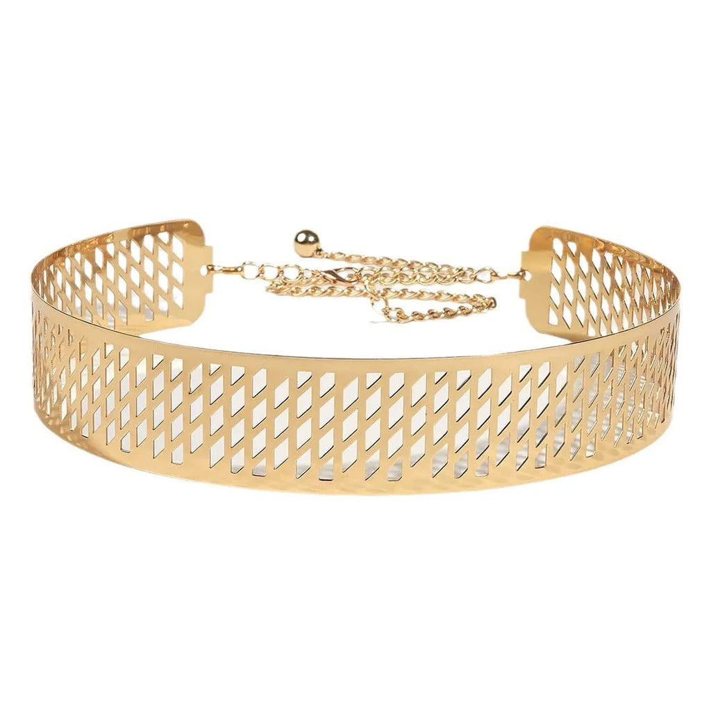Gold iron waist belt with detailed lantern head design, shown with alloy buckle hook closure.