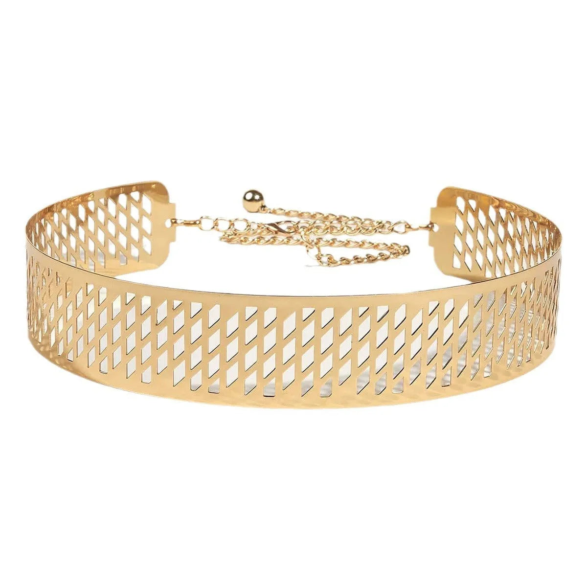 Gold iron waist belt with detailed lantern head design, shown with alloy buckle hook closure.