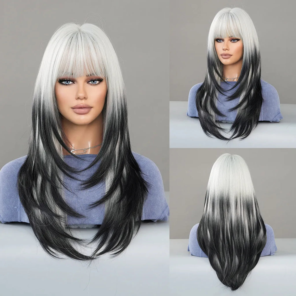 Vanilla green long straight women's wig with bangs, 63 cm silk fibre