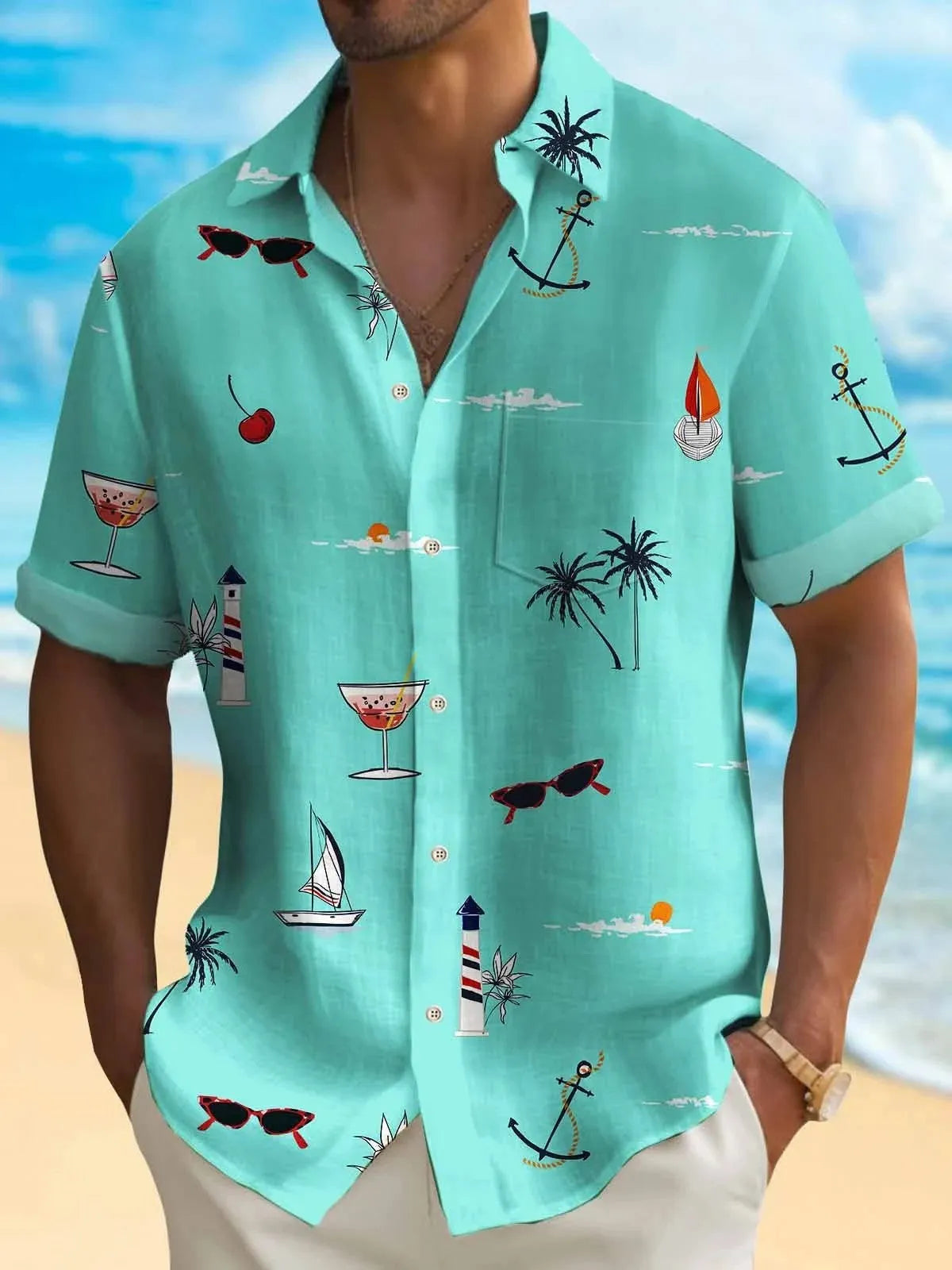 Man wearing a loose-fit short-sleeve Hawaiian shirt with a vibrant digital print pattern.