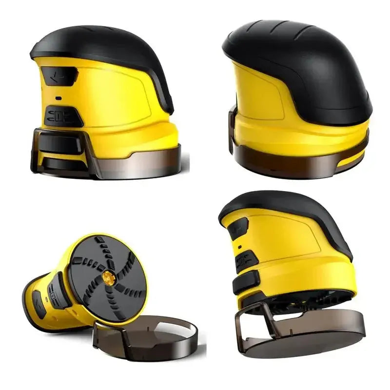 Yellow cordless electric ice scraper with funnel-shaped head next to a USB charging cable.