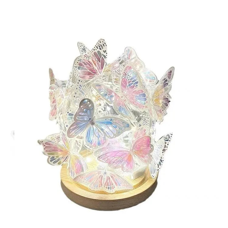 Butterfly night lamp with glass shade on raw wood base for bedside table lighting