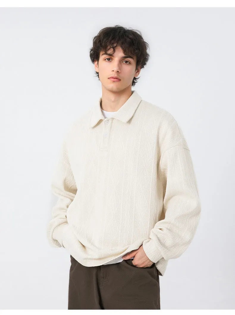 Texture jacquard lapel sweater for men in black loose fit autumn pullover