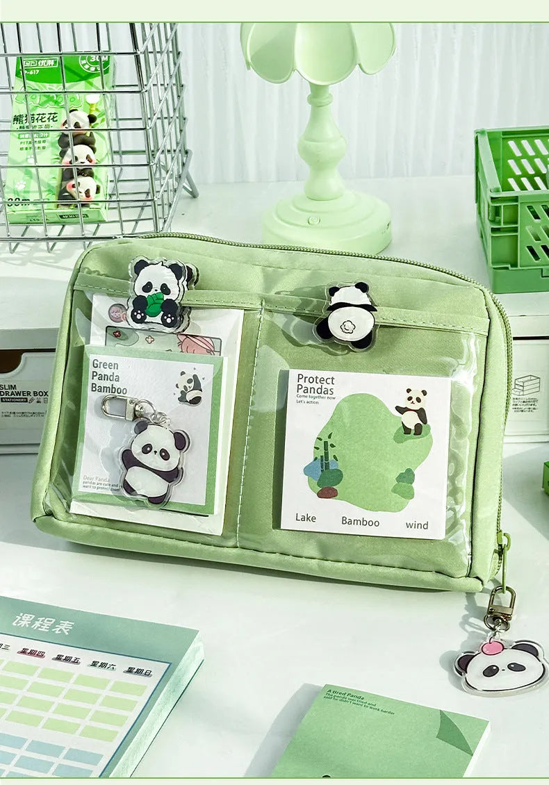 Green canvas panda pencil case with 12-layer organisation showing Korean style design