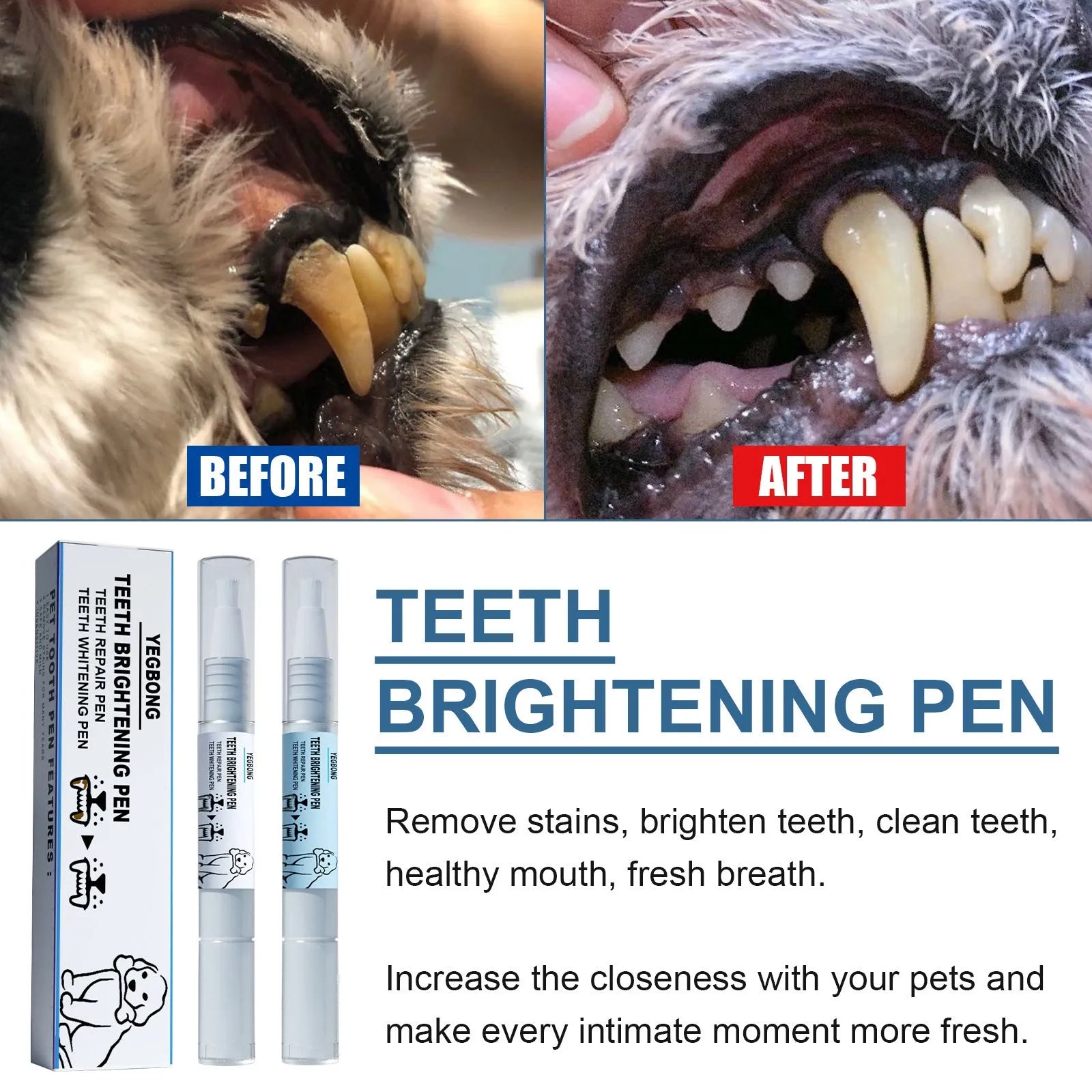 Pet teeth whitening pen with dental brush for dog and cat tartar removal